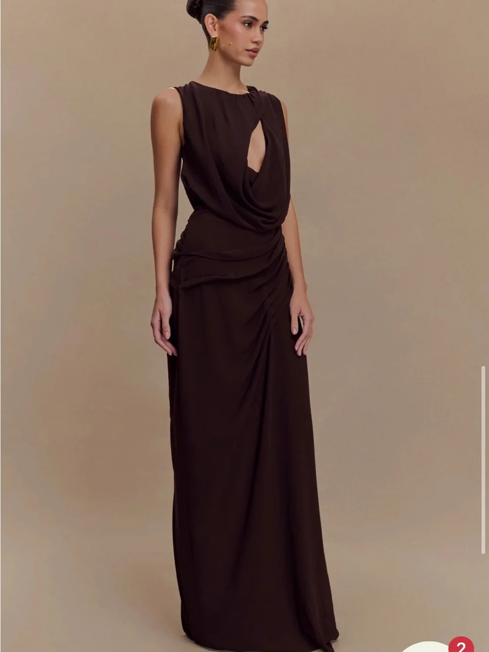 Meshki Oria Chiffon Maxi Dress (S) - Brown Draped Sleeveless Evening Gown - Picture 1 of 6